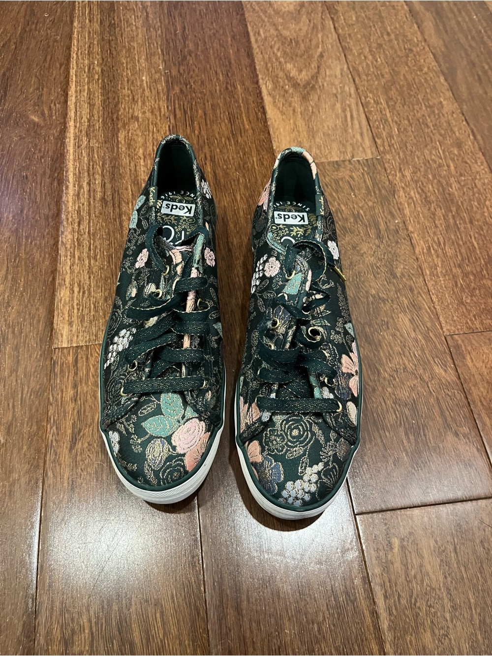 Keds Black Floral Embroidered Lace-Up Sneakers with Pink & Green Accents